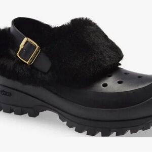 Stella McCartney Black Fur Clogs with Gold Buckle